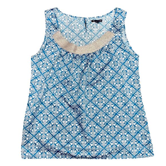GAP Womens Blouse Top Silver Collared Sleeveless Pullover Teal White Medium - Picture 8 of 12